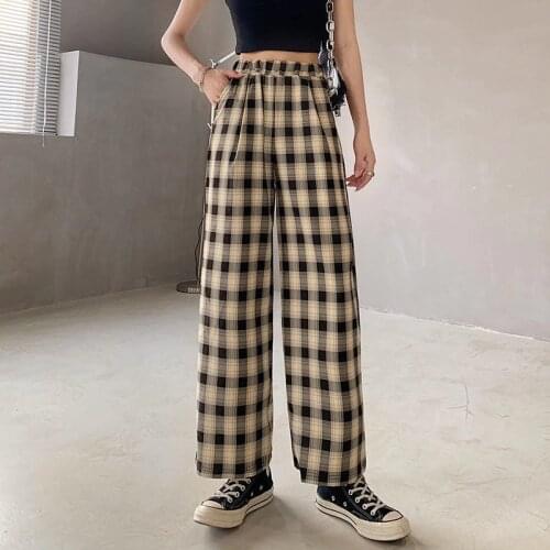 Plus Size New Korean Style Plaid Pants Spring Fashion 2021 Wide Leg Pant Women Lattice Print High Waist Plus Size Pants Women