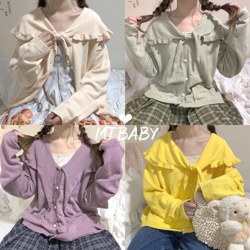Sweet Cream Super Cute Japanese Style Womens Loose Sweater Long Sleeve Winter Autumn Knitted Cardigan Ruffles Collar