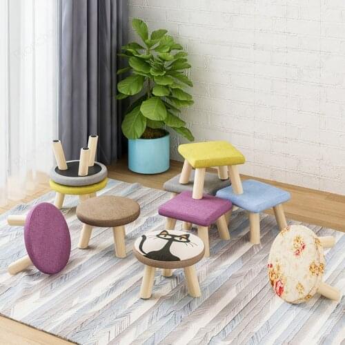 Round Square Fabric Stool Chair for Children Wooden Small Footstool Change Shoes Sofa Ottoman Kids Furniture Bedroom Wood Bench