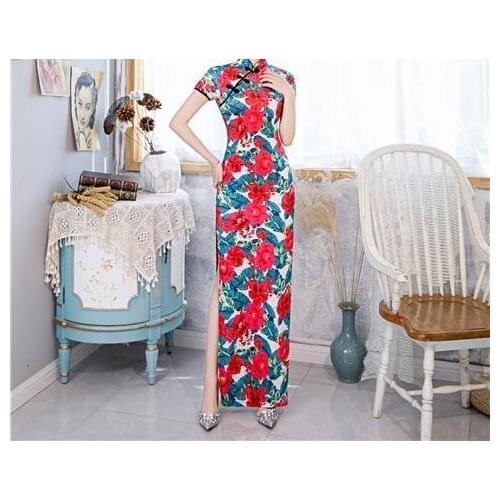 Chinese Style Retro Traditional Cheongsam Printed Qipao New Year Party Silk Long Dress Women Sexy Nightclub Hanfu Qi Pao Vintage