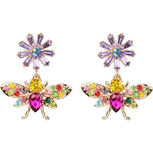 Vintage Flower Rhinestone Earring Bee Insect Drop Earrings For Women Statement Crystal Jewelry Gift Brincos