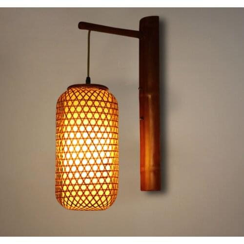 Vintage Chinese Style Wood Beam Wall Mounted Lantern with Handmade Wicker Lampshade E27 LED Light Fixture for Bedroom Balcony