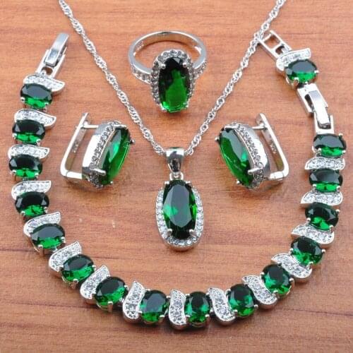 Green Cubic Zirconia Jewellry Sets Bridal Wedding Trinket Womens Silver Color Jewelry Earrings Necklace Bracelet Ring JS0169