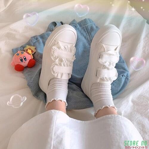 Women White Sneaker Kawaii Lolita Shoes Cute Lady Japanese Lace Velcro Plush Flats Spring Casual Canva Footwear 2021tenis Female
