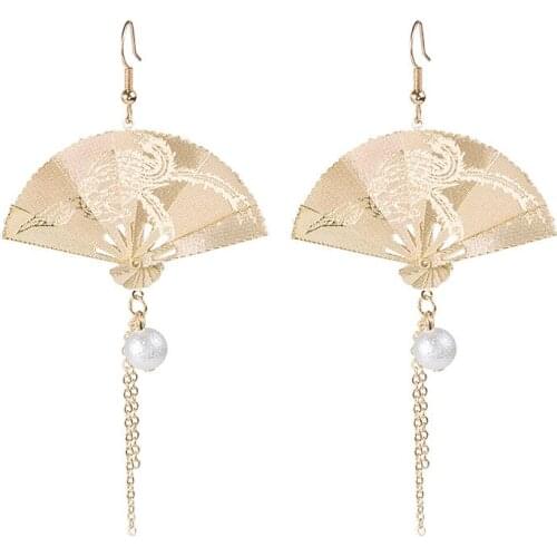 Chinese Style Folding Fan Modeling Hanging Dangle Womens Earrings Fashion Simple Prevent Allergy Ear Hook Exquisite