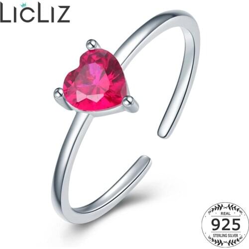 LicLiz 925 Sterling Silver Cute Red Zircon Diamond Heart Cuff Ring for Women Open Adjustable 925 Ring Jewelry Bijoux LR0757