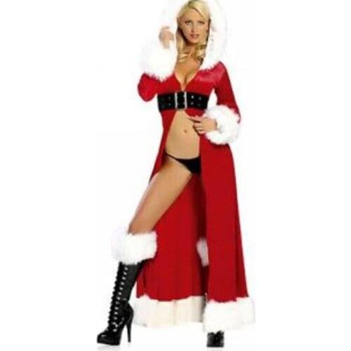 High Quality 2016 Women Red Fancy Christmas Hooded Robe With Black Belt Costume Sexy Miss Santa Claus Fancy Dress W134066