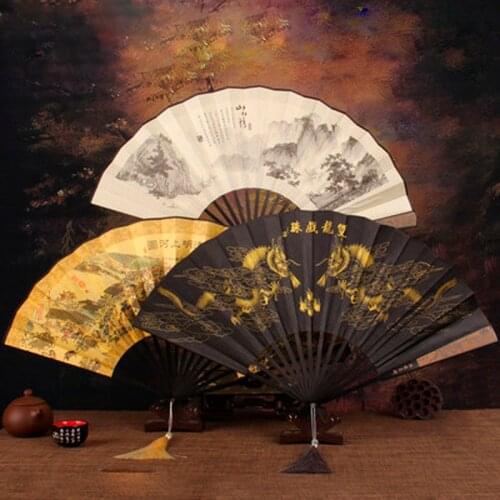1Pc Retro Folding tassel Fan Chinese Style Decorative Men Pocket Bamboo Handle Hand Fan
