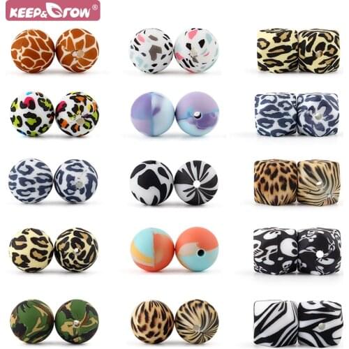 10pcs Baby Beads Leopard Terrazzo Dalmatian Camo Tie Dye Print 12MM 15MM 14MM Food Grade DIY Chewable Rodent Round Hexagon Beads