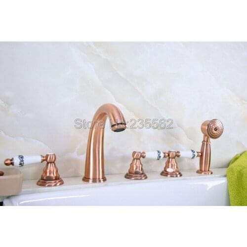 Antique Red Copper Brass 5pcs Roman Bathtub Shower Faucet Widespread Deck Mounted Bathroom Bathtub Mixer Tap Ltf234