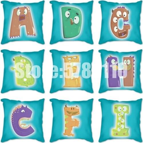 Turquoise blue cartoon animals English Letter Alphabet Cushion Cover Polyester Throw Pillowcase Sofa Home Decorative Covers
