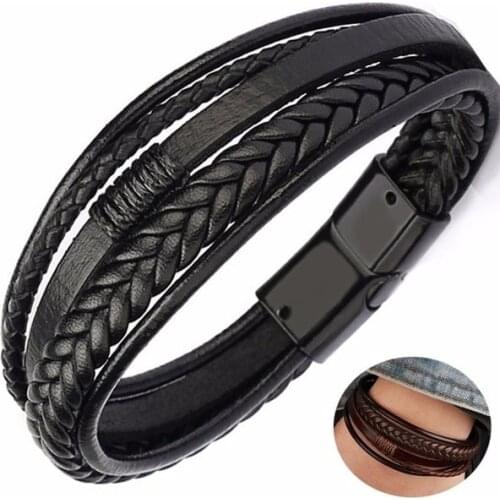 One Brown Leather Bracelet Mens Leather Buckle Hand Woven Multi-layer Mens Leather Bracelet Fashion Jewelry Gift