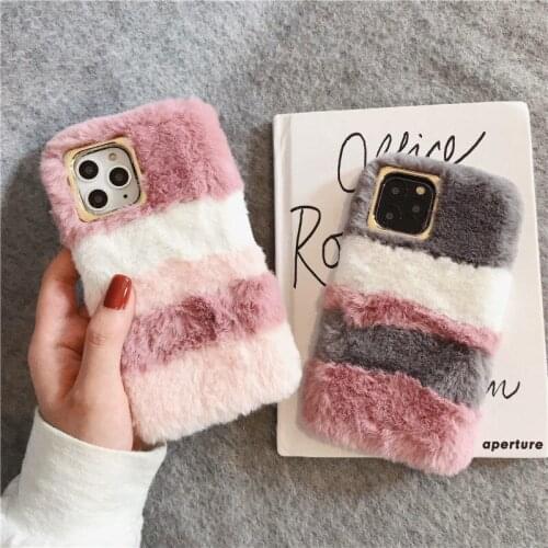 For iPhone 11 12 Pro Max Case Winter Warm Rabbit Fluffy Fur Gradient Phone Cases For iPhone Xs XR X 6S 7 8 Plus Case Women Girl