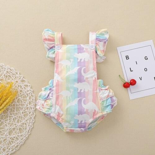 Pudcoco Baby Girl’s Clothes Sweet Ruffles Fly Sleeve Romper Fashion Cartoon Rainbow Stripe Print Backless Jumpsuits Sunsuit