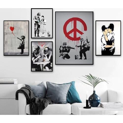 Graffiti Street Art Abstract Canvas Painting Posters and Prints Girl With Balloon Robot Man Kiss Wall Pictures Canvas Art Decor