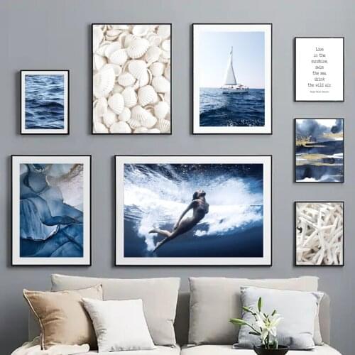 Blue Sea Wave Shell Beach Sexy Girl Ship Wall Art Canvas Painting Nordic Posters And Prints Wall Pictures For Living Room Decor