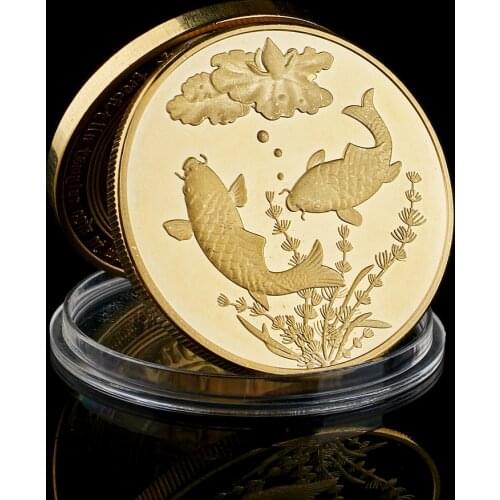 China Koi Fish Lotus Commemorative Gold Plated Coins Lucky Souvenir Gift