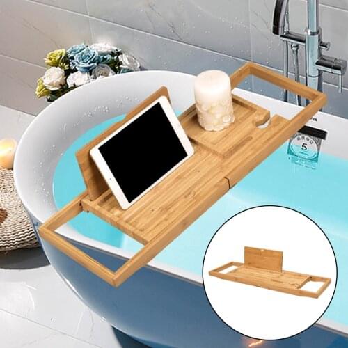 Bath Tub Caddy Wood Bathtub Tray Shelf Organizer with Tablet Wine Holder
