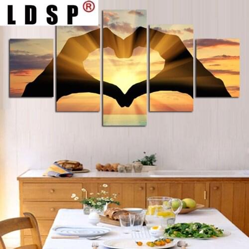 5 Panels Modular Sunrise finger Heart Modern Realist Wall Art Poster Living Room Print Canvas HD Painting Pictures Home Decor