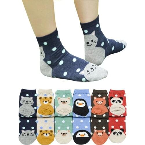 6 pairs Woman Korean Socks Female Dogs And Cats Animal Dots Lovely Female Cotton Socks Lady Cotton Socks Trend Explosion Models