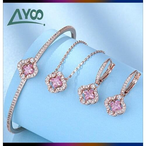 SWA Fashion Jewelry 1:1 Charm Smart Pink Beating Heart Flower Bracelet Earring Necklace Set Romantic Gift For Women