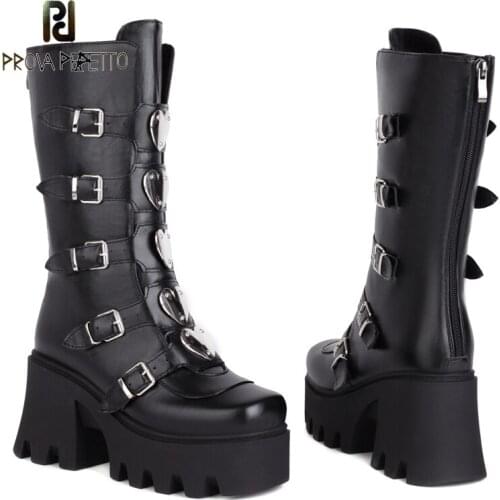 Autumn Round-toe Thick-soled Waterproof Platform Super High-heel Love Metal Belt Buckle Back Zipper Mid-tube Rider Boots