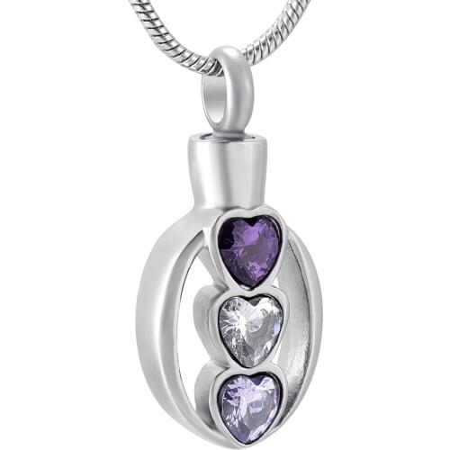 IJD8105 316L Stainless Steel Oval Shape Memorial Urn Pendant Necklace Hold 3 Crystal Heart Keepsake Cremation Ashes Jewelry