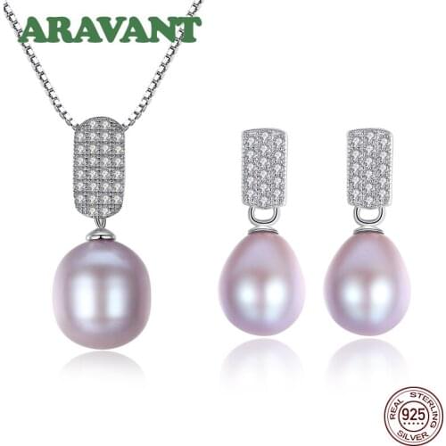 Natural Pearl Jewelry Sets Freshwater Pearl Pendant Necklace Earring Women Fashion 925 Sterling Silver Jewelry