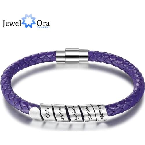 Personalized Family Names Bracelets with 5 Custom Beads Stainless Steel Purple Braided Rope Bracelets for Women Mothers Gift