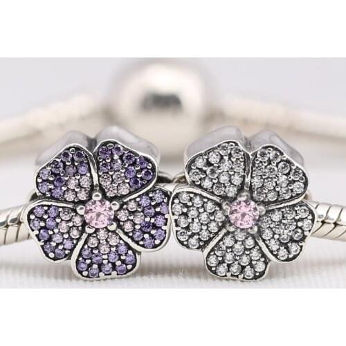 Authentic S925 Silver Bead DIY Jewelry Clear & Purple Primrose Charms fit Lady Bracelet Bangle