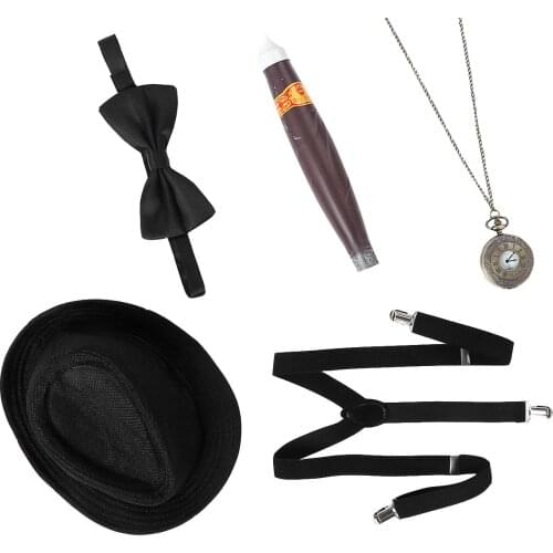 5 Set Magician Cosplay Costume for Role Play Halloween Festivals Dress Up Top Hat Cigar Pocket Watch Suspenders and Bow tie