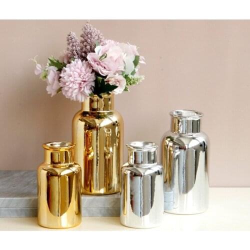 Simple European Style Golden Silver Bright Surface Ceramic Tabletop Vase Flower Insert Nordic Style Home Decoration Ornaments
