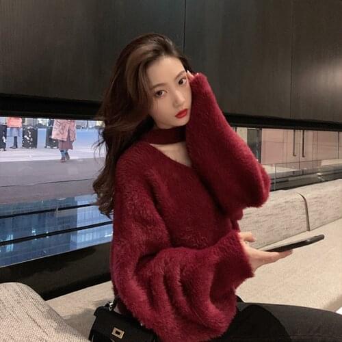 Mink wool Languid is lazy wind Pullover Sweater Winter With thick clothes V-NECK Sensuality Mink wool Keep warm Halter Retro