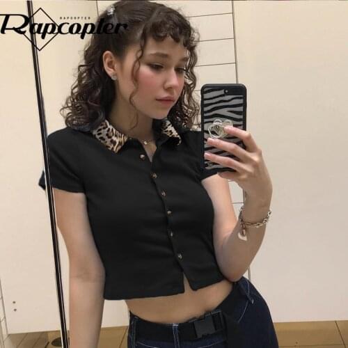 Rapcopter Leopard Crop Top Y2K Patchwork Tshirt Turn Down Collar Tee Short Sleeve Top Summer Female Streetwear Vintage Outfits