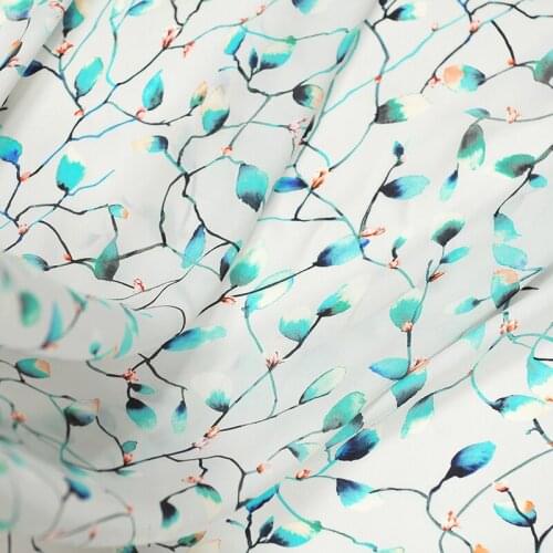 130CM Wide 16MM Blue Leaves Print Silk Fabric for Summer one-piece dress Shirt Clothes Jacket J243