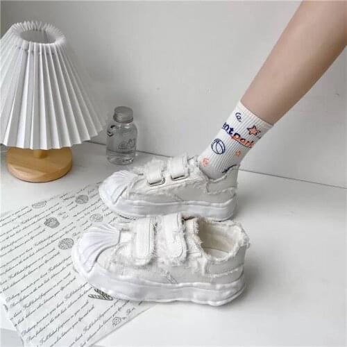 Retro dissolving shoes, cream board shoes, canvas shoes, Japanese Harajuku beggar shoes, white shoes, female summer Velcro shell