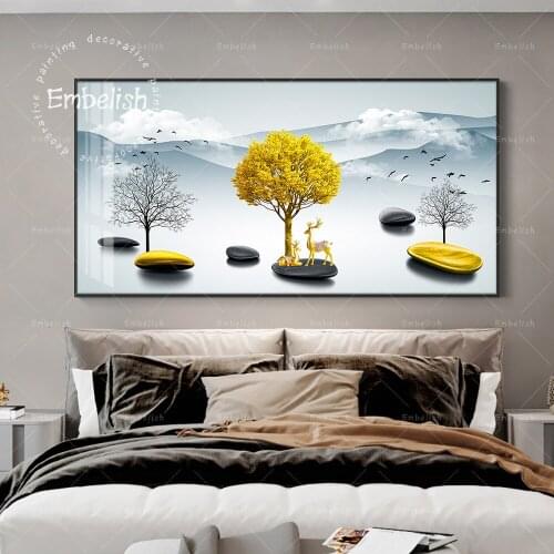 Embelish Nordic Large Wall Art Pictures Golden Tree And Deer Lake Landscape Posters For Living Room HD Canvas Oil Paintings