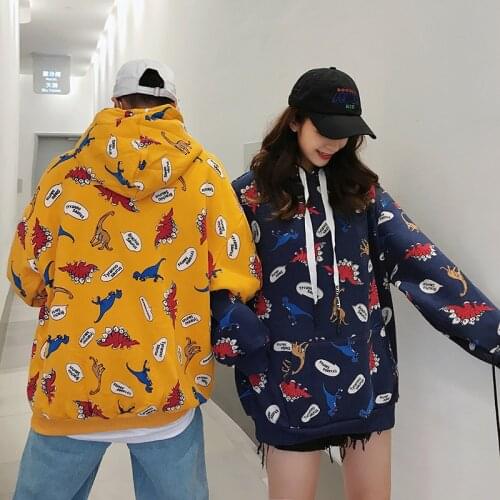 Ulzzang autumn female Harajuku fashion sweatshirt casual large size loose M-2XL dinosaur cartoon hooded ins Pullovers Sweatshirt