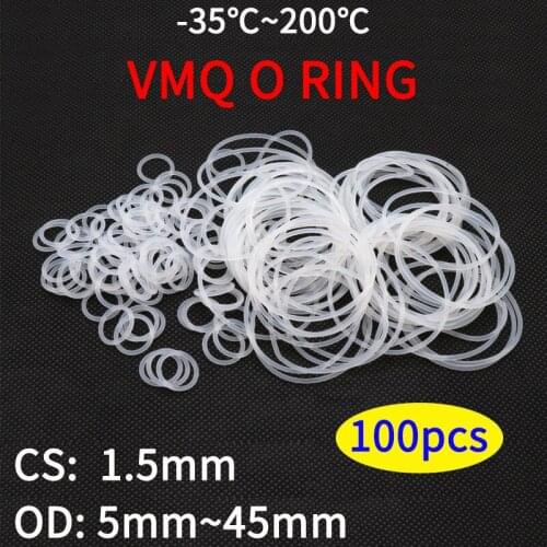100pcs VMQ O Ring Seal Gasket Thickness CS 1.5mm OD 5~ 45mm Silicone Rubber Insulated Waterproof Round Shape White Nontoxi