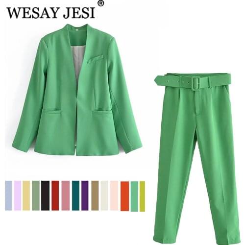 WESAY JESI Womens Fashion Blazer Office Suit Pantsuit Simple Solid Color Suit Collar Long Sleeve + Trousers 2 Piece Set Blazer