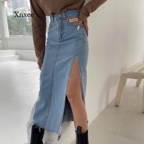 2021 Summer Womens Long Denim Skirt Retro Bag Hip High Waist Jeans Skirt Female Straight Side Split A-Line Skirt