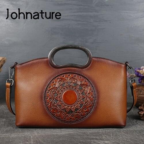 Johnature Vintage Totem Women Bag 2021 New Genuine Leather Handbag Large Capacity Versatile Nature Cowhide Female Shoulder Bags