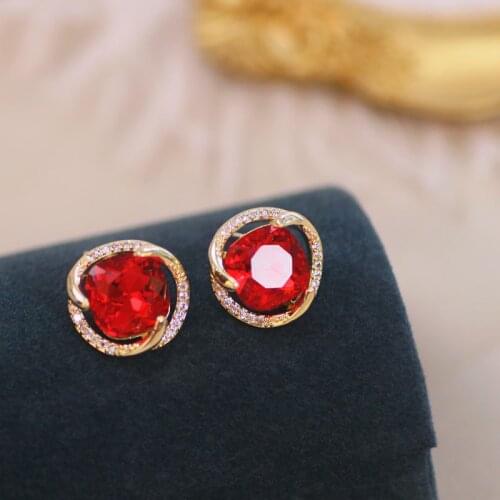 Trendy Elegant Big Red Crystal Stud Earrings For Women Luxury Geometric Round Crystal Earring Female Wedding Jewelry Accessories