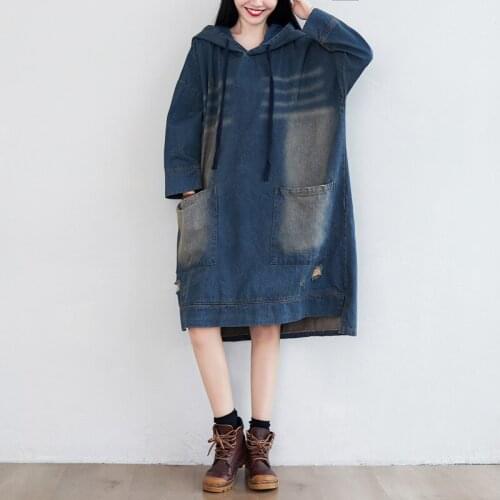 Johnature Women Denim Cotton Dresses Hooded Vintage Loose Robes Pockets 2021 Spring New Female Clothes Korean Style Dresses
