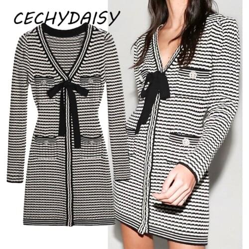Knitted Sweater Dress Women Sexy V-Neck Bow Button Up Vintage Stripe Long Sleeve 2021 Autumn Winter Elegant Mini Dresses Vestido