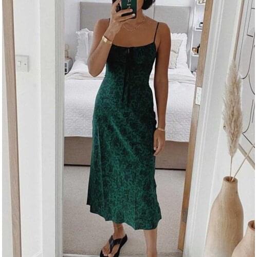 2021 Summer Vintage Long Womens Slip Dress Drawstring Green Print Floral Female A-line Dresses Sexy Elegant Party Lady Clothes