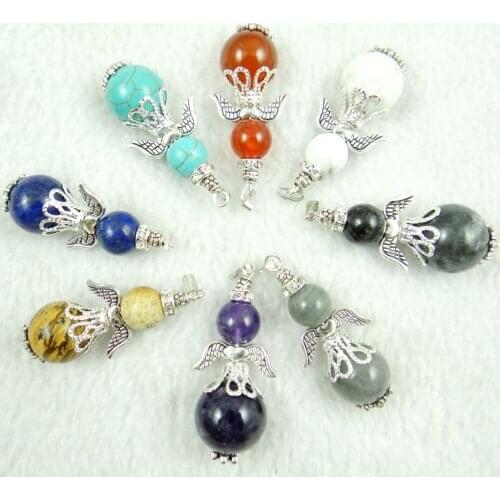 Natural Stone Quartz Crystal Turquoises tiger eye Alloy Wings pendant for diy Jewelry making necklace Accessories1pcs