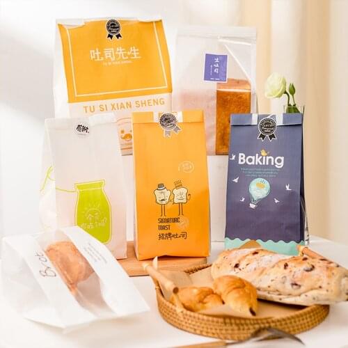 50 Pcs Bread Bag With Window Kraft Bag Paper Food Packaging To The School White Baking Toast Bakery Bread Bags With Sticker