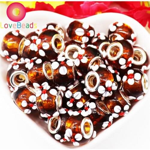 10Pcs Color Flower Murano Rondelle Big Hole Glass Spacer Beads Fit Pandora Bracelet Snake Chain Loose Beads for Jewelry Making