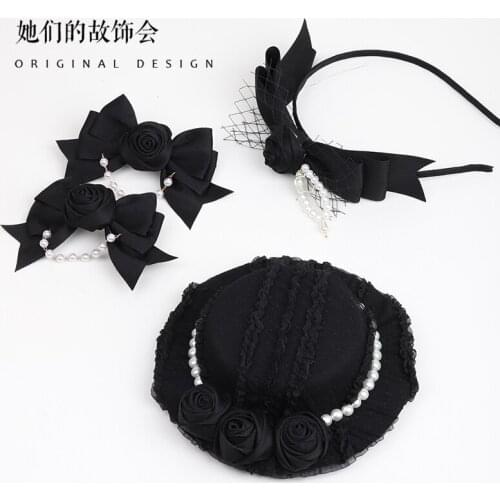 Black French Retro Headwear Lolita Girl Hair Clip Flower Pearl KC Hair Hoop Bowknot Lace Headdress Side Clip Elegant Handwork